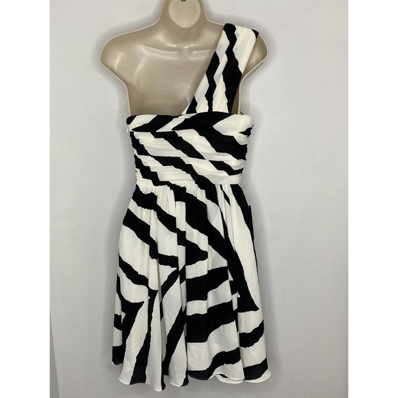 NWT $98 Express Women’s Black White Striped Zebra One Shoulder Flare Dress Sz 2 - Picture 4 of 5